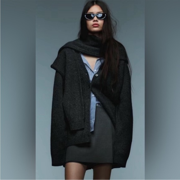 Zara 100% Wool Oversized Preppy Knotted Charcoal Grey Warm Cozy Sweater Cardigan - Picture 5 of 12